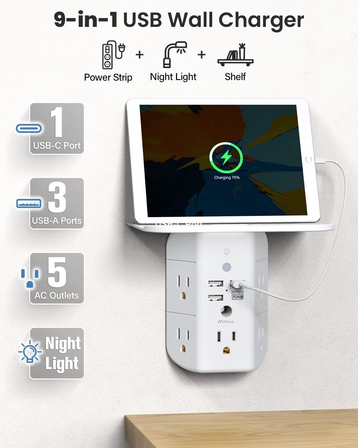 NanoDock 9 in 1 Wall Outlet Extender with USB C & Night Light